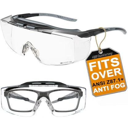 HTS HUNTERSKY ANSI Z87.1+ Anti Fog Lab Safety Glasses Fit Over Eyeglasses Up to 1.88 inch 100% UV Protective OTG Goggles - color: 3906c Black-gray / Clear Lens