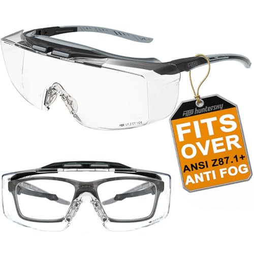 HTS HUNTERSKY ANSI Z87.1+ Anti Fog Lab Safety Glasses Fit Over Eyeglasses Up to 1.88 inch 100% UV Protective OTG Goggles - color: 3906c Black-gray / Clear Lens