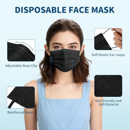 Masks Disposable 100 Pack, Black Face Mask Disposable, 3 Ply Disposable Face Masks for Adults - color: Black