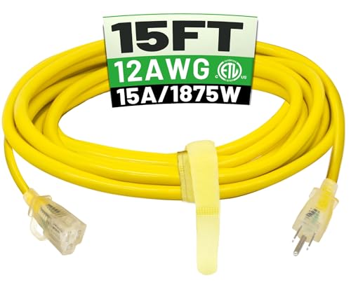 POWGRN 15 ft 12/3 Outdoor Extension Cord Waterproof Heavy Duty with Lighted Indicator End 12 Gauge 3 Prong, Flexible Cold-Resistant Long Power Cord Outside, 15Amp 1875W SJTW Yellow ETL Listed - color: Yellow, size: 15FT