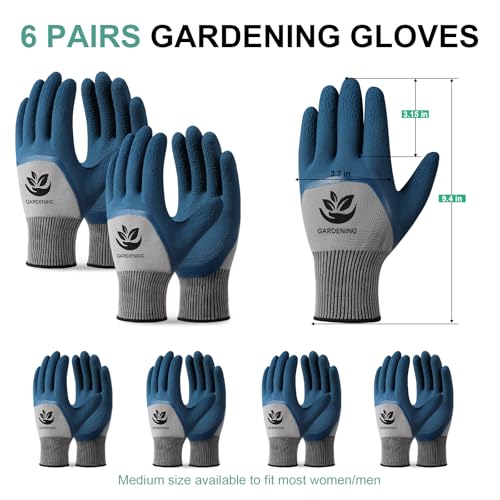 Trifabricy Garden Gloves for Women/Men - 6 Pairs Latex Gardening Gloves with Grip, Protective Work Gloves for Lawn Yard - color: Blue & Grey