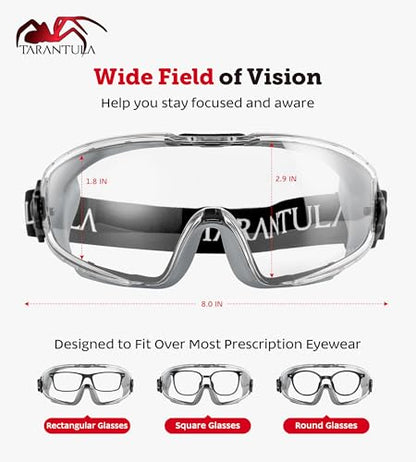 Tarantula ANSI Z87.1+ Safety Goggles Over Glasses, Anti-Fog & Anti-Scratch, Adjustable Strap, Lab Eye Protection, Woodworking - color: Clear & Grey