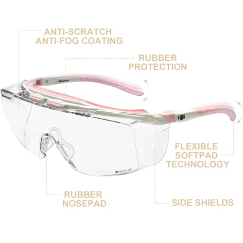HTS HUNTERSKY ANSI Z87.1+ Anti Fog Lab Safety Glasses Fit Over Eyeglasses Up to 1.88 inch 100% UV Protective OTG Goggles - color: 3906c White-pink / Clear Lens