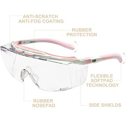 HTS HUNTERSKY ANSI Z87.1+ Anti Fog Lab Safety Glasses Fit Over Eyeglasses Up to 1.88 inch 100% UV Protective OTG Goggles - color: 3906c White-pink / Clear Lens