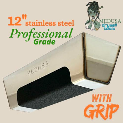 Medusa's Flexible Stainless Steel Drywall Taping Knife Set with 12" Mud Pan and Grip: Classic Style Light Weight Handles with Strong Flexible Blades for Professional and beginner friendly Finishers