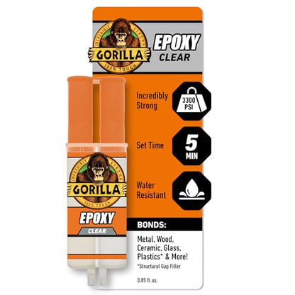 Gorilla 2 Part Epoxy (1 Pack), 5 Minute Set Syringe, 0.85 fl oz, Clear, Gap-Filling Adhesive for Metal, Wood, Ceramic, Glass and Plastics, Indoor & Outdoor Repairs - size: 1 - Pack