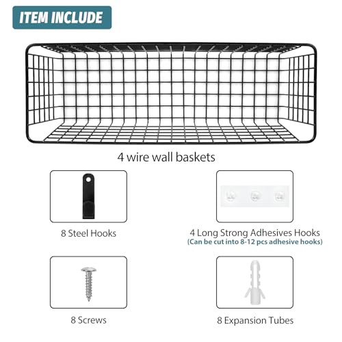 4 Set [EXTRA LARGE] Hanging Wall Mount Storage Baskets with Adhesive Hooks & Steel Hooks, Multiuse Sturdy Wire Metal Organizing Baskets for Home Kitchen Bathroom Pantry Utility Organizer, Black - size: Extra Large