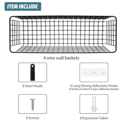 4 Set [EXTRA LARGE] Hanging Wall Mount Storage Baskets with Adhesive Hooks & Steel Hooks, Multiuse Sturdy Wire Metal Organizing Baskets for Home Kitchen Bathroom Pantry Utility Organizer, Black - size: Extra Large