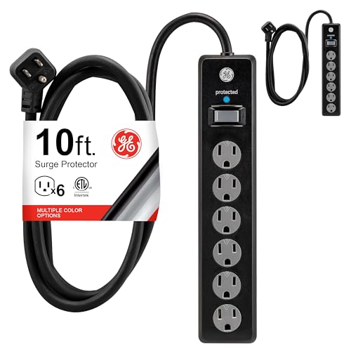 GE Surge Protector Power Strip, 10 Ft Extension Cord, 6 Outlet Extender, 800 Joules, Flat Plug, Twist-to-Close Safety Covers, ETL Listed, Black, 2 Pack, 54646 - color: Black, size: 10 Ft, style: 2 Pack