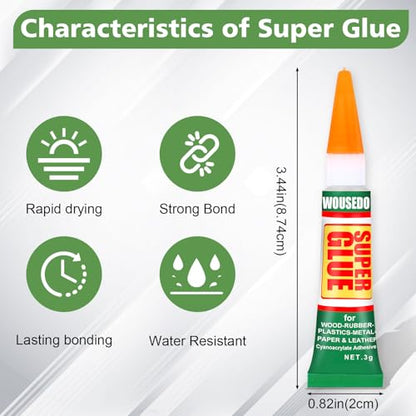 WOUSEDO 24 X 3g Super Glue Clear, Strong Adhesive,Super Glue Fast Drying Cyanoacrylate Glue for Wood,Rubber,Leather, Plastic, Metal, Rhinestone Jewelry, DIY Crafts and More - color: 24 X 3g