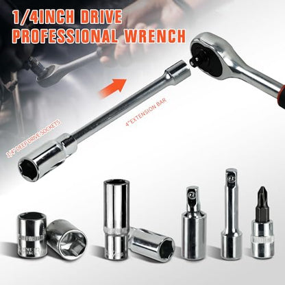 53 Pieces Socket Wrench Set Drive Socket Set with 1/4 Inch Ratcheting Wrench Plastic Toolbox Storage Case for Automotive Repair And Home Use - color: Gjx53s