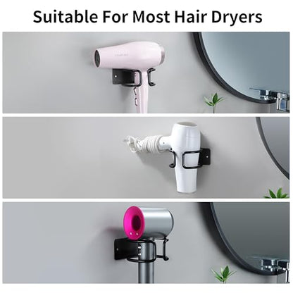 YIGII Universal Hair Dryer Holder Wall Mounted, Self Adhesive Blow Dryer Hanger Compatible with Most Hair Dryers, Stainless Steel Hairdryer Holder Rack for Bathroom Cabinet (Black) - color: Matte Black