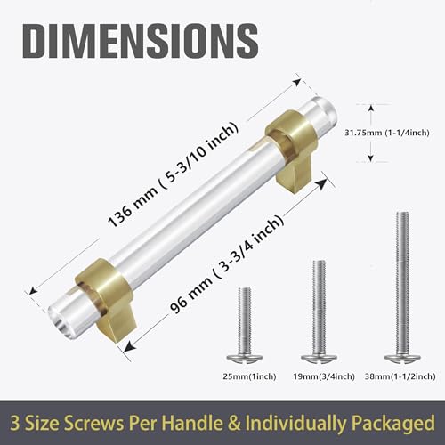 3-3/4 Inch Brass Cabinet Pulls, Clear Glass Crystal Gold Drawer Pulls and Handles (96mm, 10 Pack) - color: Brushed Gold, size: Hole Center : 3-3/4 Inch (96mm), style: 10 Pack