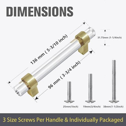 3-3/4 Inch Brass Cabinet Pulls, Clear Glass Crystal Gold Drawer Pulls and Handles (96mm, 10 Pack) - color: Brushed Gold, size: Hole Center : 3-3/4 Inch (96mm), style: 10 Pack