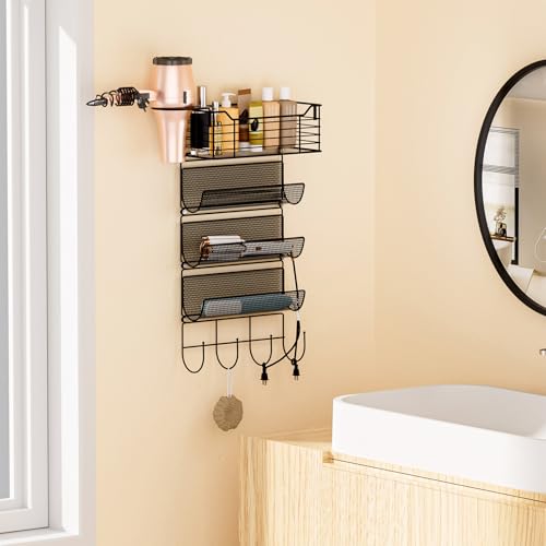 VITVITI Metal Hair Tool Organizer Wall Mount, Hair Dryer Holder with 4 Tier Shelf Basket Hooks, Bathroom Styling Tool Organizer for Curling Iron/Blow Dryer/Straightener, Matte Black - color: 5 Tiers Black