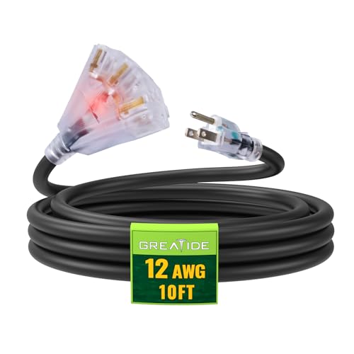 10 Ft Lighted Outdoor Extension Cord with 3 Electrical Power Outlets - 12/3 SJTW Heavy Duty Black Extension Cable with 3 Prong Grounded Plug for Safety, UL Listed - color: Black, size: 10ft