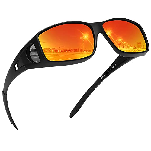 MEETSUN Fit Over Glasses Sunglasses for Men Women,Wrap Around Sunglasses Polarized UV400 Protection - color: (Z1)black Frame-red Mirror Lens
