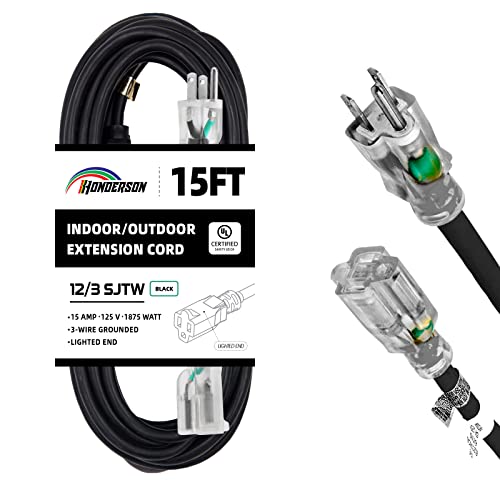 Indoor Outdoor Extension Cord Weatherproof with Lighted End, UL Certified, 12 Gauge 15FT Black 3 Prong Heavy Duty, 12/3 SJTW 15A Power Cord for Outdoor Lights, Lawn - size: 15FT, style: 12/3