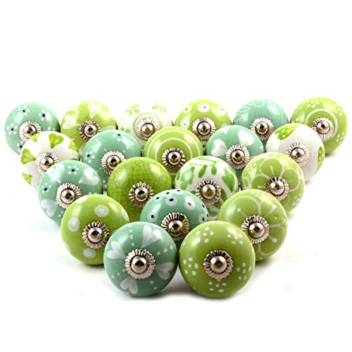 Eleet Assorted Ceramic Cabinet Knobs - Vintage Cabinet Cupboard Door & Drawer Pulls Chrome Hardware (Ceramic Knobs Set of 20, Green & White) - color: Green & White, style: Ceramic Knobs Set of 20