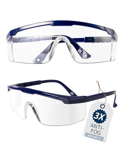 LANON Anti-Fog Safety Goggles with Adjustable Temples, 2.5 Times ANSI Z87.1 Double-sided Antifog, Side Protection, High Transmission, Lightweight & Comfortable Safety Glasses