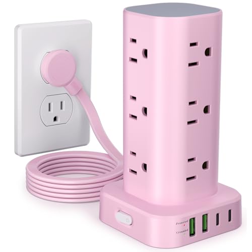 Power Strip Tower with Multiple Outlets, Flat Plug Surge Protector Tower Extension Cord with 12 AC Outlets 4 USB Ports (2 USB C), 6FT Cord Power Tower Surge Protector for Home Office Dorm Room, Pink - color: Pink, size: 6ft Without Wireless Charging