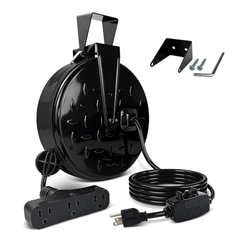 EP 30 Ft Retractable Extension Cord Reel, 16/3 SJTW Power Cord with 3 Electrical Outlets, Ceiling or Wall Mount, 10 Amp Circuit Breaker, Metal Plate, Black - color: Black&black