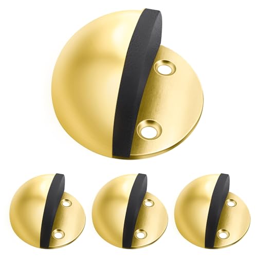 4 Pack Door Stops, Self Adhesive Floor Door Stopper, Stainless Steel Floor Mounted Door Stops with Rubber Bumper Wall Protector, No Drill Doorstops, Gold - color: Gold, size: 4 Pack