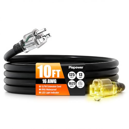 10 FT Outdoor Extension Cord Waterproof, 16/3 Gauge Heavy Duty 3 Prong Power Cord with Lighted Indicator End, 13A 125V 1625W SJTW, ETL Listed, Great for Lawn/Garden/Home(Black) - color: Black, size: 10 FT