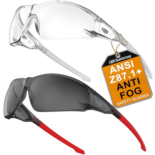 HTS HUNTERSKY ANSI Z87.1 Anti-Fog Clear Safety Glasses Pickleball Youth Baseball Lab Chemistry Goggles Scratch Resistant - color: Clear-light Grey / Smoke-red-2 Pieces