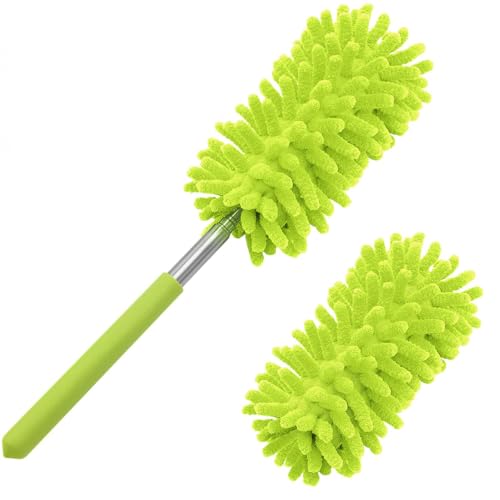Microfiber Duster for Cleaning, Tukuos Hand Washable Dusters with 2pcs Replace Microfiber Head, Extendable Pole, Detachable Cleaning Brush Tool for Office, Car, Window, Furniture, Ceiling Fan Green - color: Green, size: 2 Attachments