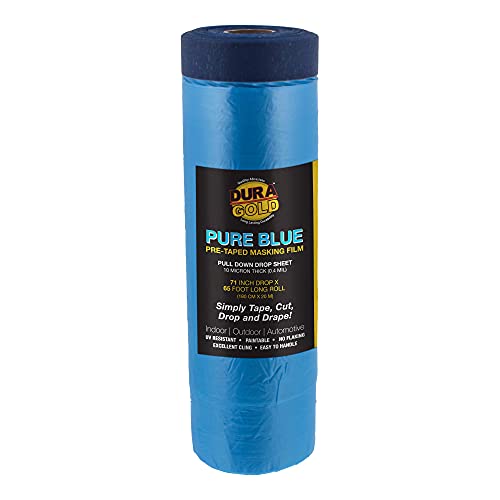Dura-Gold 71" x 65' Pure Blue Pre-Taped Masking Film - Painters Plastic Roll (0.4 Mil) Pull Down Drop Sheet, Pre-Taped Plastic Sheeting for Painting Protection on Auto, Walls, Furniture - size: 71-inch