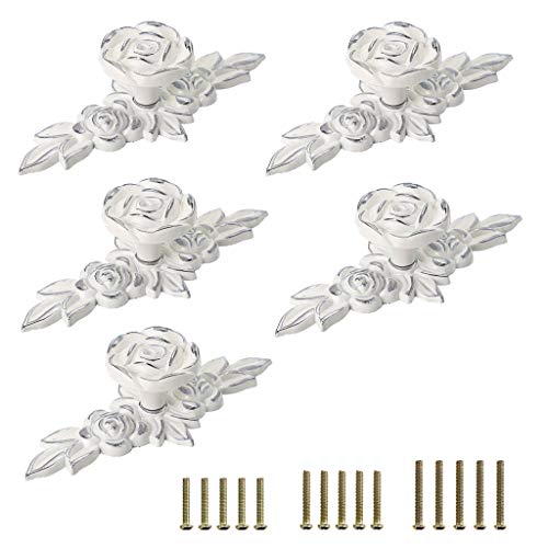 JUXYES Pack of 5 Euro Rose Decorative Cabinet Knobs with Plate, Floral Ivory Drawer Knob Cupboard Door Knobs, Ivory White Drawer Pulls Cabinet Handle Knobs for Dresser Cabinet (S, Ivory with Silver) - color: Ivory with Silver, size: Small