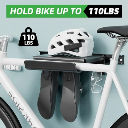 Bike Wall Mount Rack Indoor Bike Storage Garage Bike Rack Wall Mount with Shelf and Hooks Store Your Helmet and Shoes for a Single Road, Mountain or Other Bicycle (Fit Crank Bicycle,16" Stud) - size: Small Size ,16" Stud