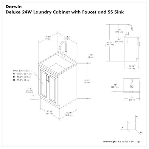 SIMPLIHOME Darwin All-in-One 24 inch Wide Utility Sink and Laundry Cabinet in Pure White Finish, Transitional Stainless Steel Sink Cabinet for Laundry Rooms with High-Arch Chrome Faucet and Storage - size: 24 Inch, style: Stainless Steel Sink