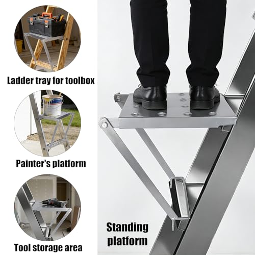 Foldable Ladder Platform, Anti-Slip Stable Work Platform Attachment Tool Tray for Step/Extension Folding Ladders Tool Accessories for Painters & DIY 300 lbs Capacity (Silver)