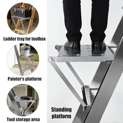 Foldable Ladder Platform, Anti-Slip Stable Work Platform Attachment Tool Tray for Step/Extension Folding Ladders Tool Accessories for Painters & DIY 300 lbs Capacity (Silver)