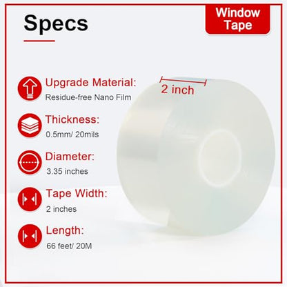 Transparent Window Weather Sealing Tape 2 Inch x 66 FT Weather Stripping Residue-Free Clear Window Insulation Caulk for Shower Glass Gaps and Clear Tape Doors Windows Windproof - size: 2 IN - 66 Ft Clear