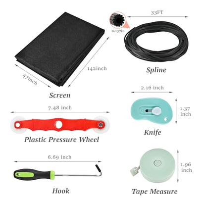 Window Screen Repair Kit, 48"x142" Window Screen Mesh, Window Screen Replacement Kit Include Durable Fiberglass Mesh/Roller/Hook/Ruler/Cutter/33Ft Spline for House Windows Doors Replacement
