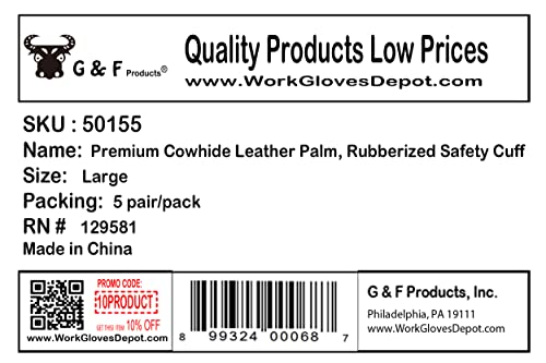 G & F Products Cowhide Leather Work Gloves with Suede Finish Palm rubberized safety cuff, 5 Pairs - size: Large (Pack of 5), style: Safety Cuff Regular Grade