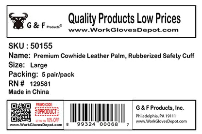G & F Products Cowhide Leather Work Gloves with Suede Finish Palm rubberized safety cuff, 5 Pairs - size: Large (Pack of 5), style: Safety Cuff Regular Grade