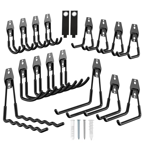 18 Pack Garage Hooks Heavy Duty, Utility Steel Garage Storage Hooks, Garage Organization System with Anti-Slip Wall Mount Hangers for Hanging Bike, Ladder, Garden Tools (Black)