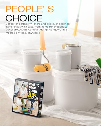 Plastic Drop Cloths for Painting, 9x12 Ft Extra Large Painting Supplies, Plastic Sheet Dust Cover for Furniture, Floor, Couch Protector (8-Pack) - size: 8 PCS 9x12 Ft