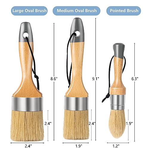 Mister Rui Chalk Wax Paint Brush 3 pcs, Large Wax Brush, Brushes for Furniture, Acrylic Paint, Milk Paint, Natural Bristles, 1 Small Round Brush and 2 Large Oval Brushes - size: 3pcs, 1 Large, 1 Medium, 1 Small