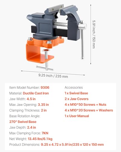 VEVOR Bench Vise, 4.5 Inch, Portable Workbench Vice with 270° Swivel Base, Quick Release Rotating Bench Clamp, Cast Iron Construction, for Woodworking, Metalworking, Drilling, Sawing, Cutting Conduit - size: 4.5inch