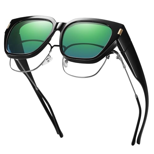 HAOLOTA Polarized Fit Over Glasses Sunglasses for Women Men Trendy Square Wrap Around Shades UV Protection - color: L Size 19 Black/Green