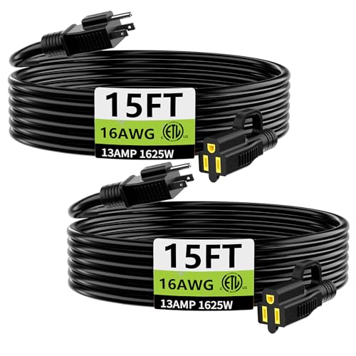 HUANCHAIN Indoor Outdoor Black Extension Cord 15 ft (2pack) Waterproof, 16/3 Gauge Flexible Cold-Resistant Appliance Cable Outside, 13A 1625W 16AWG SJTW, 3 Prong Electric Cord, ETL - color: Black, size: 15 FT-2pcs, style: 16/3 Extension Cord