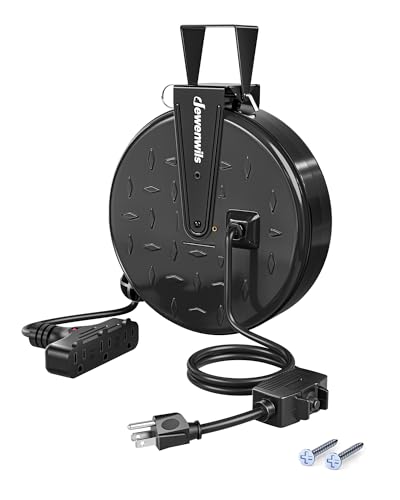DEWENWILS 30 Ft Retractable Extension Cord Reel, Ceiling/Wall Mount 16/3 Gauge SJTW Power Cord with 3 Electrical Outlets Pigtail for Garage and Shop, 10 Amp Circuit Breaker, Metal Plate, UL Listed - color: Black/Black