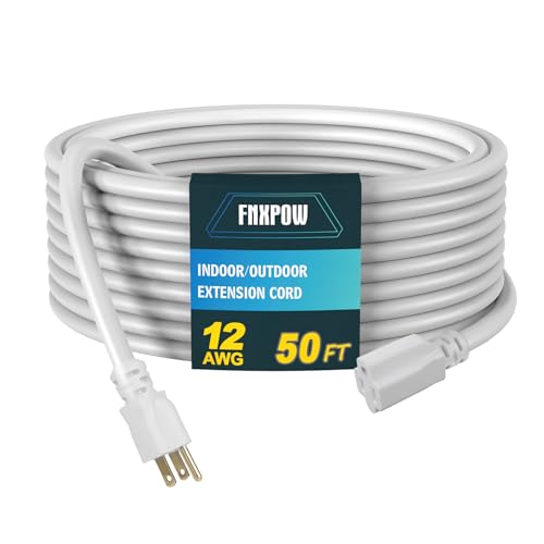 Indoor Outdoor Extension Cord, 12 Gauge 3 Prong Weatherproof Heavy Duty White Extension Cords, 12/3 SJTW 15A 50 FT Extension Cable for Garage, Garden and Home, UL Listed - color: White, size: 50FT