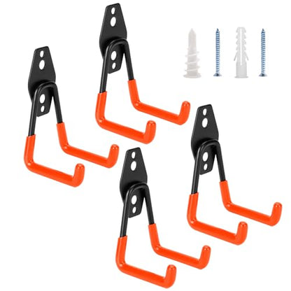 4 Pack Garage Hooks Heavy Duty - Supports 100 lbs, Utility Steel Garage Hanger & Organizer for Organizing Garden Lawn Tools, Ladders, Garden Hose, Digging Shovel, Bikes, Ropes (Orange) - size: 4 Pack