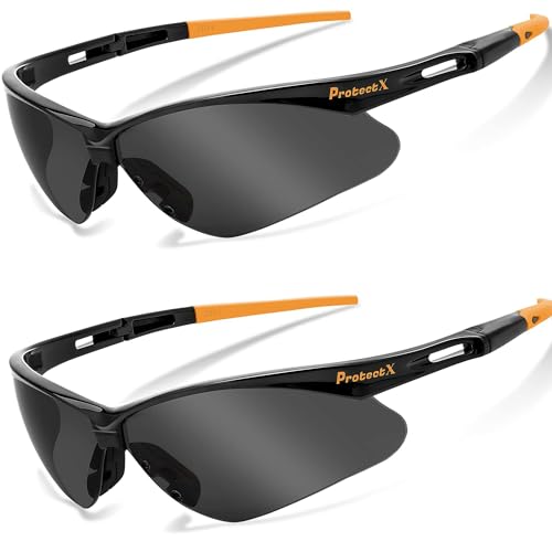 ProtectX Safety Glasses for Men & Women, Safety Sunglasses with Anti-Fog Scratch Resistant Lenses, Non-Slip Grips, ANSI Z87.1 - color: Evergreen Orange Tip Smoke 2 Pk